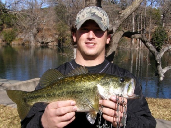I caught this bass  at the Guadalupe River in Hunt, TX.