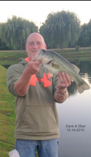 Caught this 5lber on a Kalins Lunker Grub-White. Fished weightless. She really banged this bait. Fished for about 1-1/2 hrs. Also got one other Bass.  Good Fishing Dave  Columbus, NJ  10/15/2015