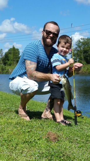 My son Jackson's first freshwater fish caught on black and bubble gum plastic worm.  This was on 9/19/15.  One of the proudest moment's  a father could have! I grew up watching Bill Dance and now he watches with me!