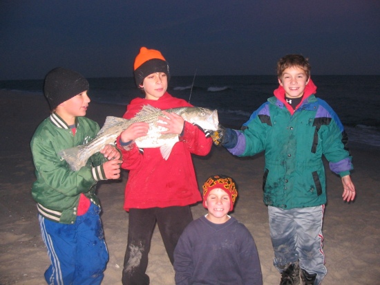This was the largest Striper ( 34 inches 20 lbs ) of about 20 stipers me and my friends had caught.  It was about 4 yrs ago surf fishing at LBI, NJ.  When the fish hit my sand spike holding my rod snapped in half and started to drag my rod out to sea!!!  almost got away but not quite.