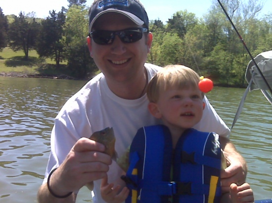 Micah's First Fish - Age 2.5 yr - April 2009 Proud Dad - Nathan Walker  0.5oz Sunfish Old Hickory Lake - Nashville, TN caught on a cricket, 8lb test, Zebco 33 reel, Gamakatsu hook, orange bobber the fight lasted 15 seconds trophy released unharmed