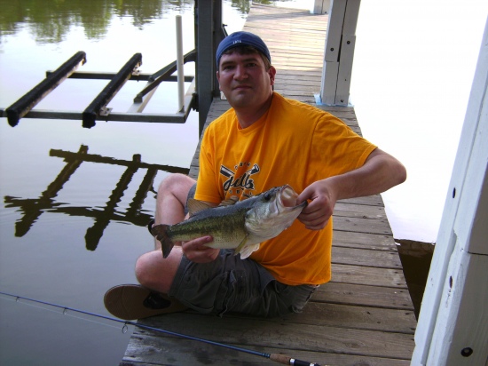 Caught off my dock on Hyco Lake, NC. About 5 lbs on a green carolina rigged lizard. Caught and released in April.