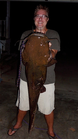 Believe it or not, I caught this 32 lb. 40in. Flathead on a 6 inch YUM Money Minnow in a Rainbow Trout color. Who knew??