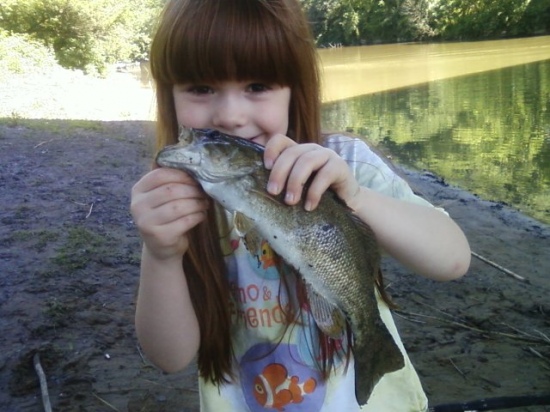 My daughters first fish caught in beaver creek in ohioville pa caught it with a nightcrawler on the bottom on my pole while i wasnt paying attention because i was tieing a hook on her line