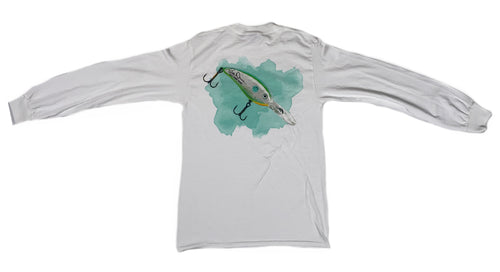 Back profile of the Bill Dance long sleeve “Fat Free Shad Lure” shirt in white showing the Shad watercolor screen-printed on back of garment 