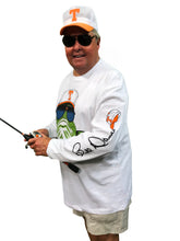 Load image into Gallery viewer, Bill Dance wearing the Bill Dance long sleeve logo t-shirt in white and holding a fishing rod while smiling