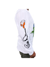 Load image into Gallery viewer, Side profile of the Bill Dance long sleeve logo t-shirt in white showing the Bill Dance autograph running the length of garment sleeve