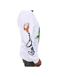 Side profile of the Bill Dance long sleeve logo t-shirt in white showing the Bill Dance autograph running the length of garment sleeve