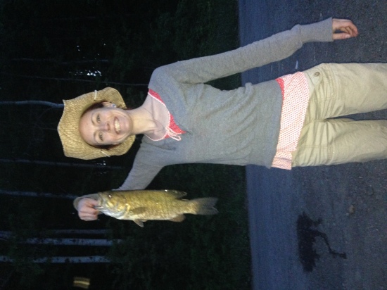 My wife caught this 17 1/2 inch smallmouth. We did not weigh him but estimate it at 2 lbs.