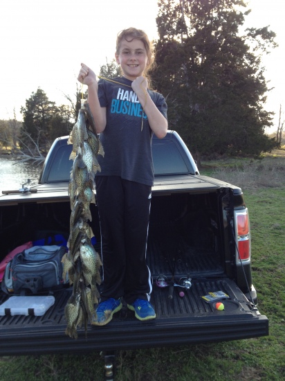 Olivia Federico with 2 limits of crappie caught by her and her sister, Emma in Fayette County, TN on 3/29/15.