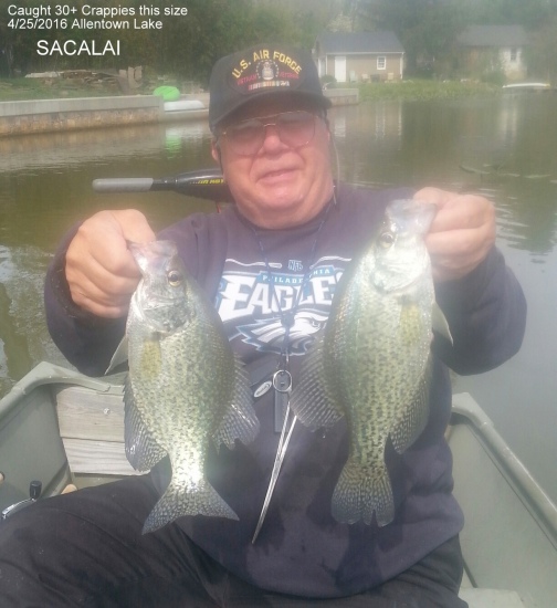 Here is a picture of my fishing buddy Ray holding 2 of the 30 plus Crappies this size that we caught a few days ago. These are very big Crappies for this part of NJ.We had a banner day catching Crappies, Pickerel, Bluegill and Golden Shiners.Fun-Fun-Fun BigFran-BassHunter Thake you granchild fishing!!!