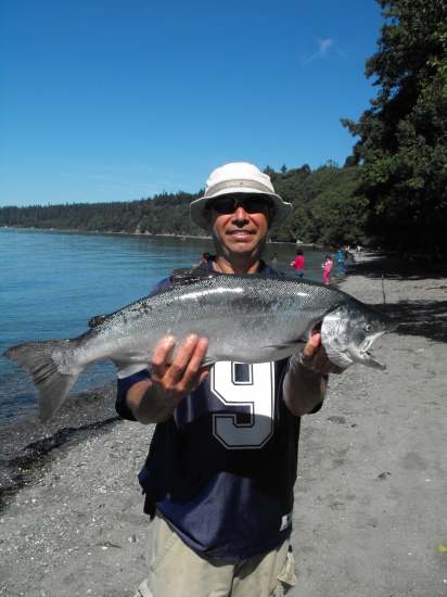 Hey Bill, moved to Washington st. and have been trying my hand at catching Coho salmon. I caught this 14 lber with my first cast of the day, using a pink buzz bomb. This was the only bite I got all day. Not bad for an ol' bass fisherman from Texas. Salmon fishing in Wa. State; I strongly reccommend it! :}