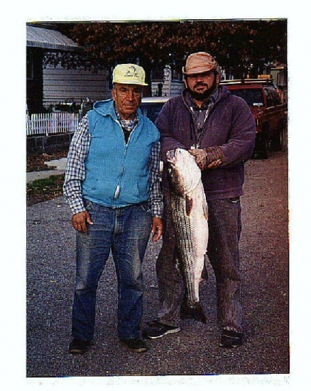 A 39  pound Striper my Dad, and I caught a few years back. We were wire line trolling one of my father's hand made Bunker spoons, with one of my Bunker Flies as a trailer hook.  Over the years we have caught many 33  inch Stripers on that combo.   All caught with-in sight of The Verrazano Narrows Bridge. Thank You for giving our picture a look.