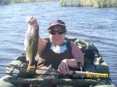 my wife nancy trout float tube bassing in bishop calif.