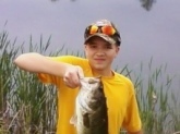 I caught this 6 lb bass on a white and red spinner in a farm pond