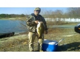 Chuck Colon caught this awesome largemouth bass on 3/22/09 in Vineland, New Jersey. Weighing in at 9 lbs 1.45 ozs. the length was 24 1/4 inches girth 19 3/4 inches. Caught using jig and pig on his St. Croix rod and calcutta reel, it was his first cast of the day.  Chuck has been fishing since the age of 13 and although he has caught many nice fish, this is his biggest so far.
